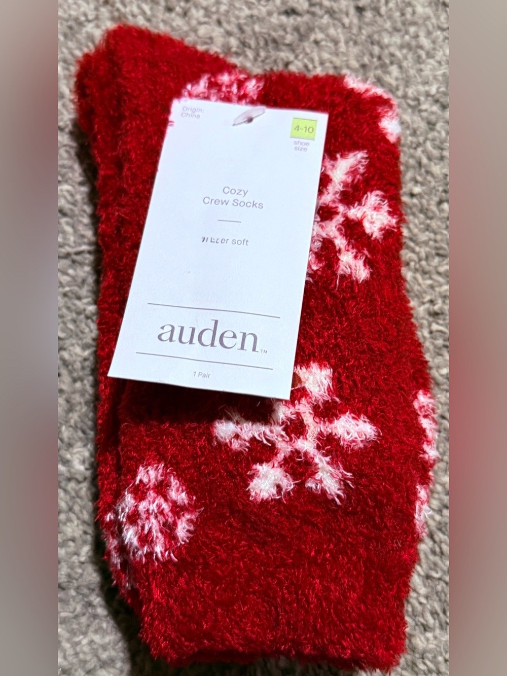 auden Red Fuzzy Crew Socks with White Snowflake Motif